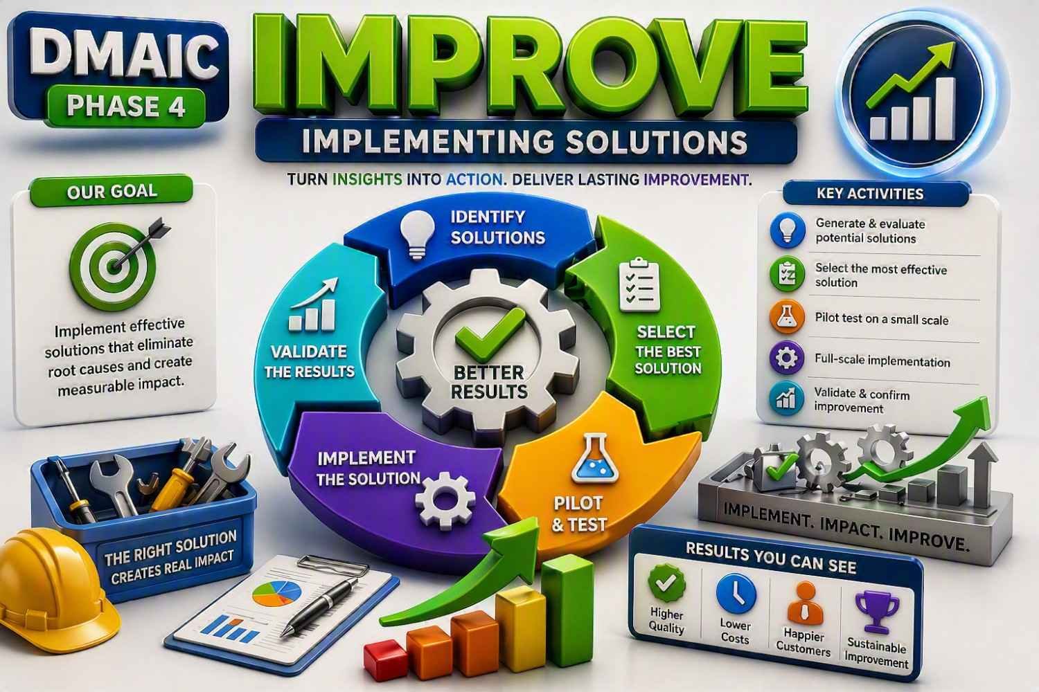 Six Sigma DMAIC : Explained Step by Step DMAIC Improve Phase infographic showing solution implementation, pilot testing, improvement validation, process optimization and corrective action execution in Six Sigma methodology