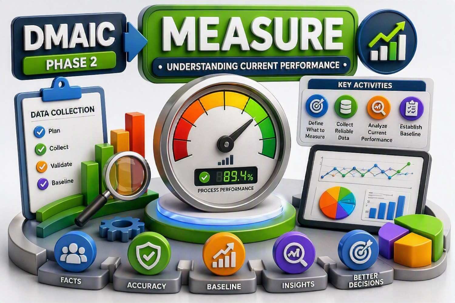 Six Sigma DMAIC : Explained Step by Step DMAIC Measure Phase infographic showing data collection, baseline measurement, process performance analysis, current state assessment and measurement system evaluation in Six Sigma methodology