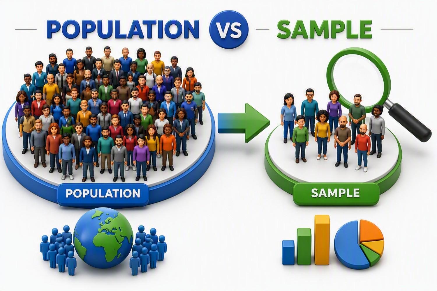 Sampling in Statistics : Probability vs Non-Probability Sampling Population vs Sample infographic illustrating a key statistical concept. The image compares an entire population group with a smaller representative sample selected for analysis, showing how sampling helps researchers, quality engineers, and statisticians draw conclusions about larger populations without collecting data from every individual.