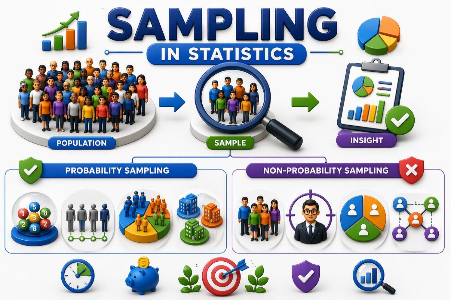 Sampling in Statistics : Probability vs Non-Probability Sampling Sampling in Statistics infographic showing population vs sample and probability vs non-probability sampling methods