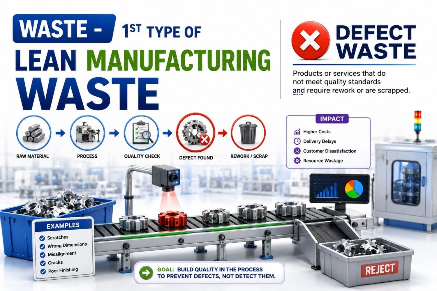 Defect waste in Lean Manufacturing infographic illustrating the first of the eight wastes (TIMWOODS). The image shows a manufacturing process flow from raw materials to quality inspection, defect detection, rework, scrap, and rejected products, highlighting the impact of defects on cost, delivery delays, customer dissatisfaction, and resource waste.