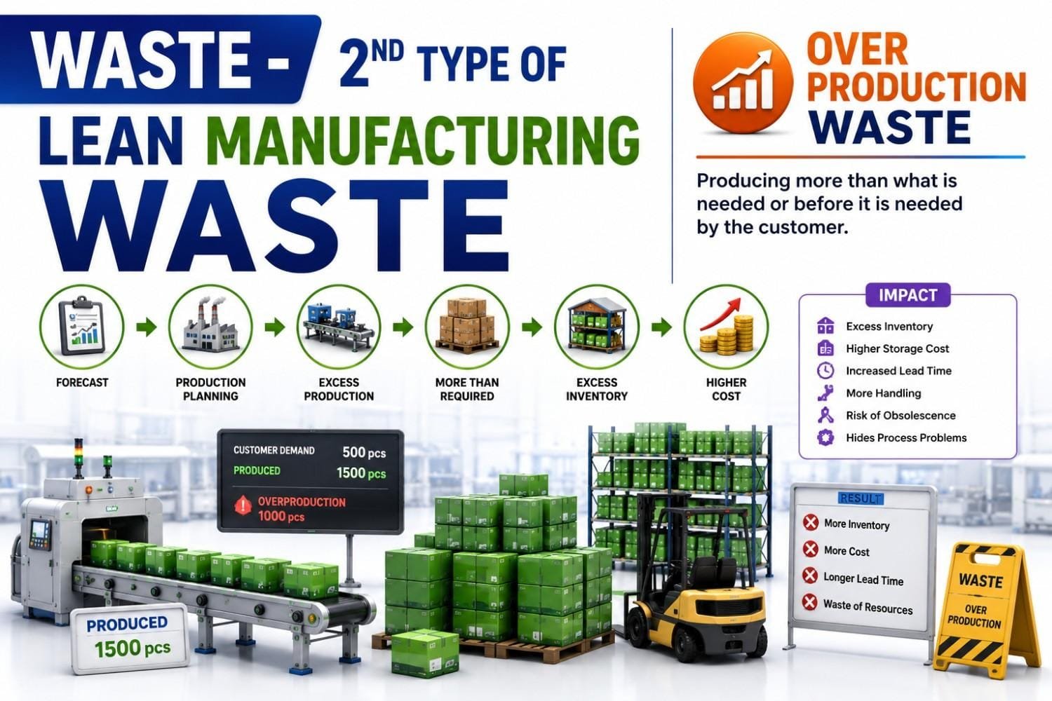 Overproduction waste infographic showing the second of the eight wastes of Lean Manufacturing. The image illustrates forecasting, production planning, excess production, excess inventory, storage, and increased costs caused by producing more products than customer demand requires.