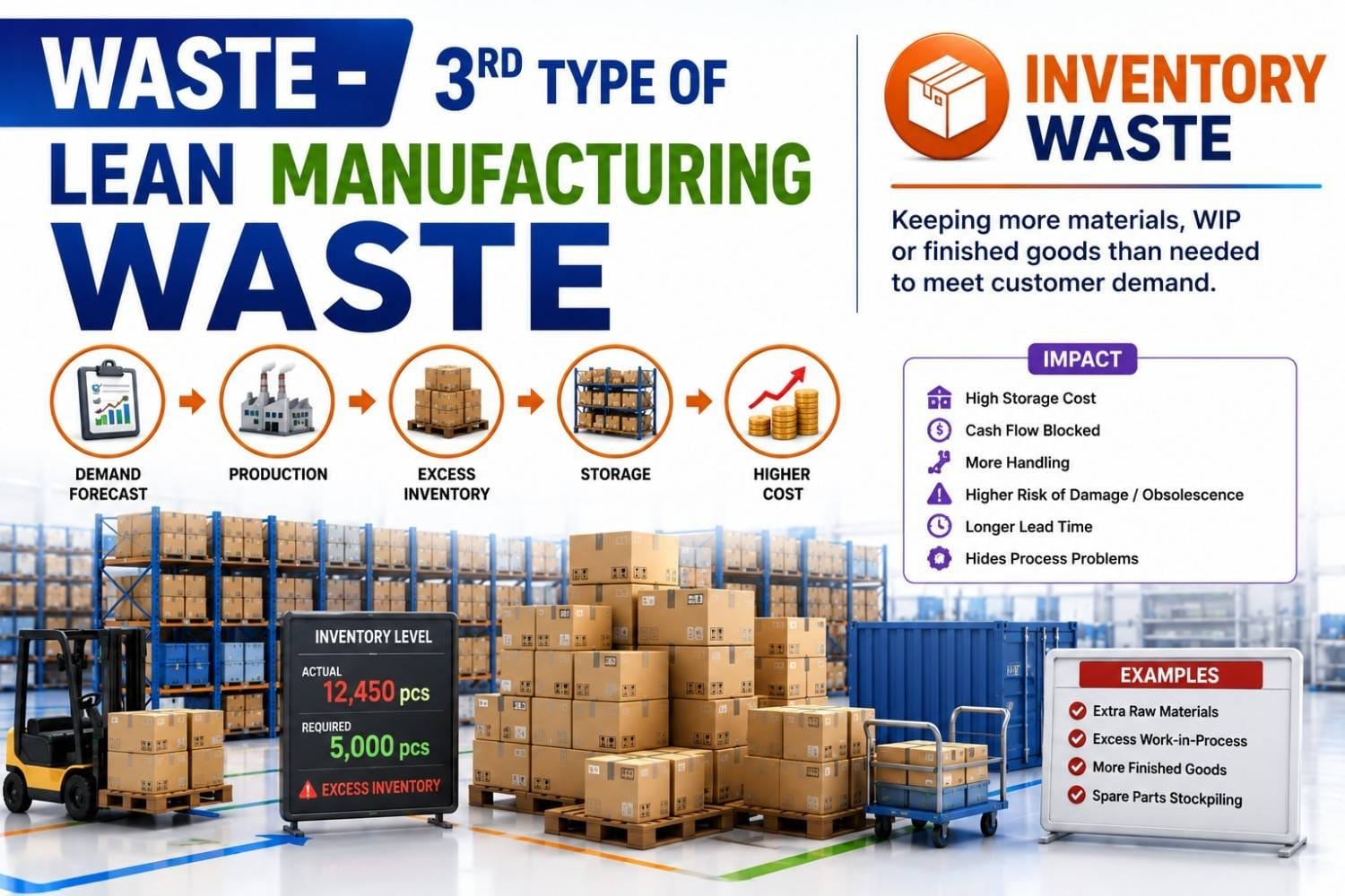 Inventory waste infographic showing the third type of Lean Manufacturing waste. The image illustrates excess inventory, warehouse storage, stockpiling of materials, work-in-process (WIP), and finished goods inventory that increase storage costs, block cash flow, extend lead times, and hide process inefficiencies.