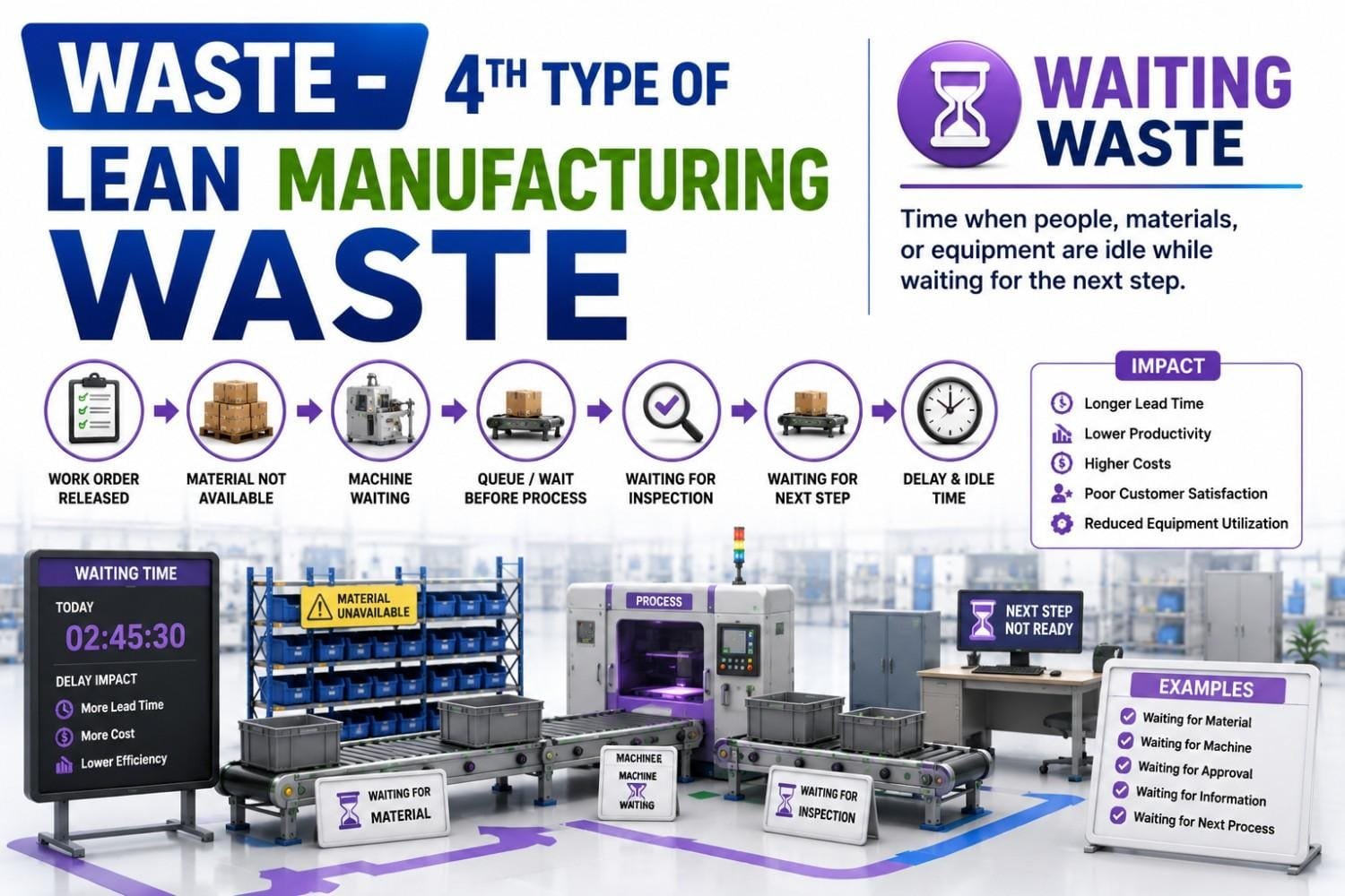 Inventory Waste occurs when organizations hold more raw materials, work-in-process inventory, finished goods, or spare parts than required by customer demand. Excess inventory increases storage costs, ties up capital, extends lead times, and often conceals underlying process problems.