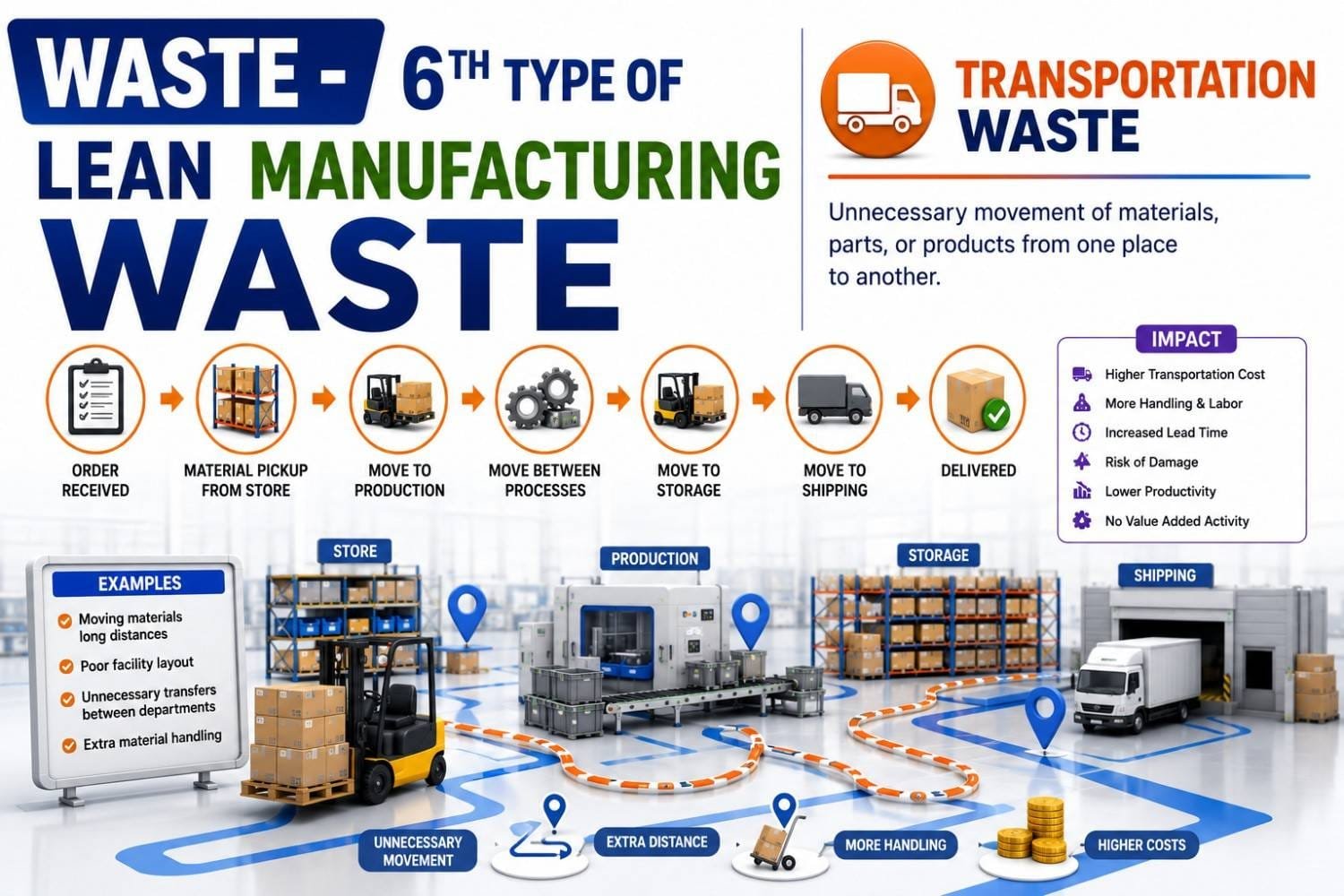 Transportation waste infographic showing the sixth of the eight wastes of Lean Manufacturing (TIMWOODS). The image illustrates unnecessary movement of materials, parts, and products between storage, production, and shipping locations, resulting in increased transportation costs, excessive handling, longer lead times, risk of damage, and reduced productivity.