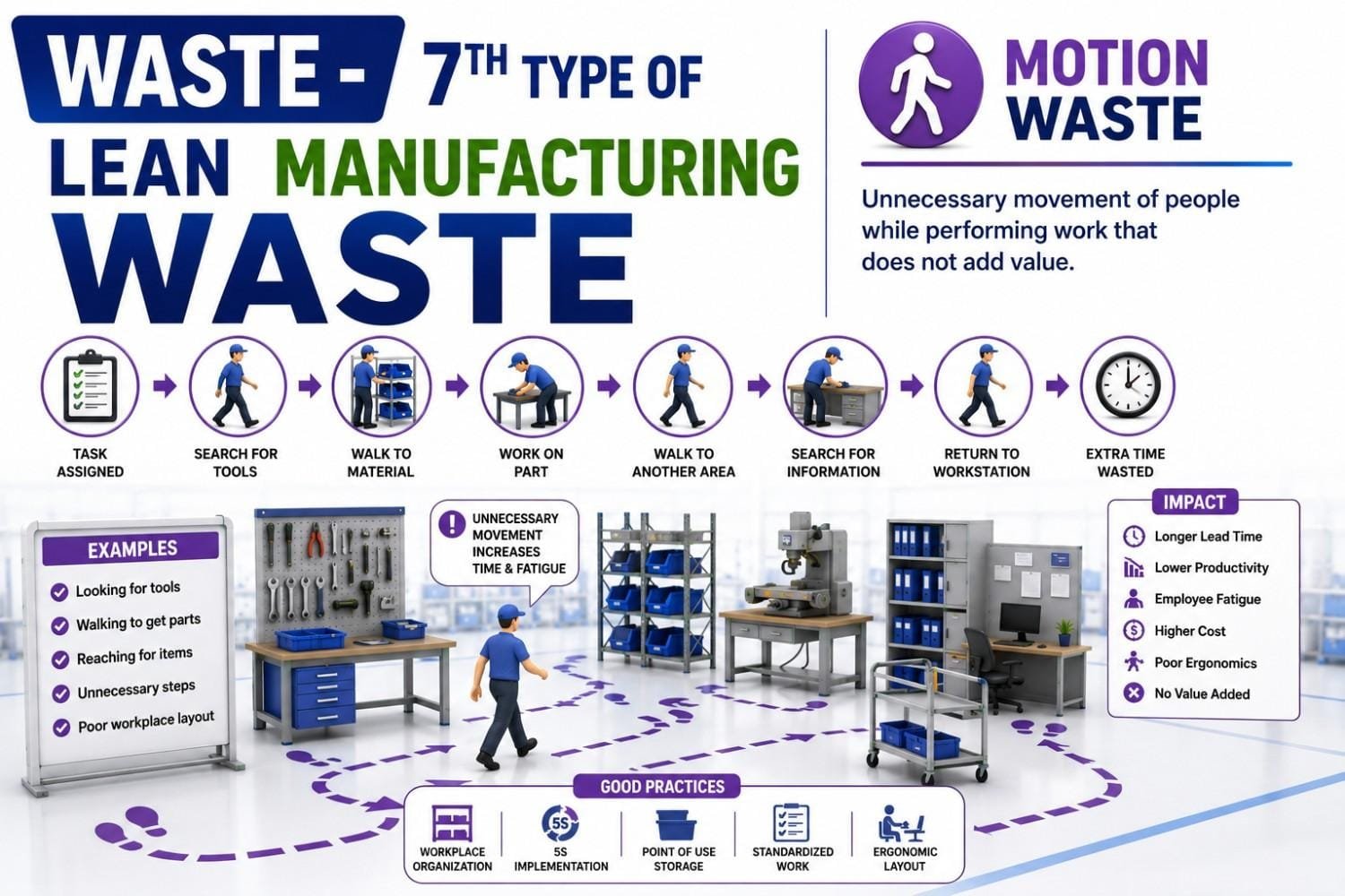 Motion waste infographic showing the seventh of the eight wastes of Lean Manufacturing (TIMWOODS). The image illustrates employees walking to find tools, materials, information, and workstations, resulting in unnecessary movement, employee fatigue, lower productivity, longer lead times, higher costs, and reduced process efficiency.