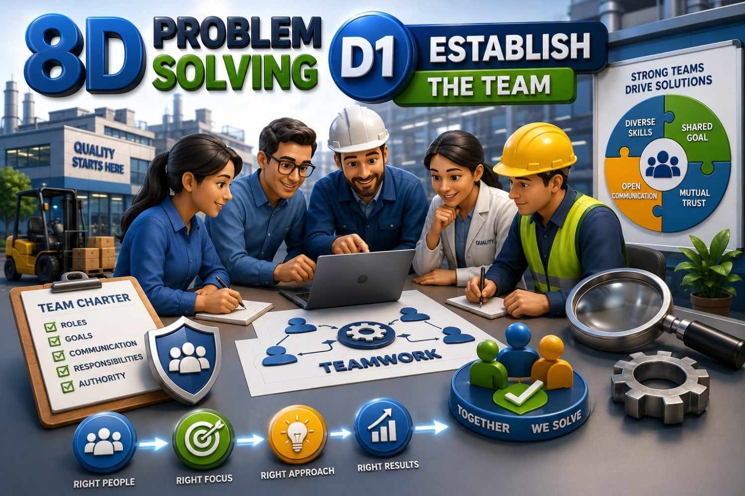 3D infographic illustrating 8D Problem Solving D1 – Establish the Team, showing cross-functional engineers, quality professionals, manufacturing experts, teamwork, collaboration, meeting table, factory background, clipboard, gears, and quality improvement concept.