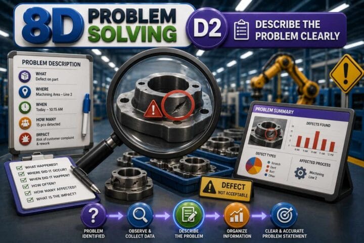 3D infographic illustrating 8D Problem Solving D2 – Describe the Problem Clearly, featuring engineers inspecting defective products, magnifying glass, clipboard, warning symbols, process flow, quality inspection, manufacturing environment, and clear problem definition.