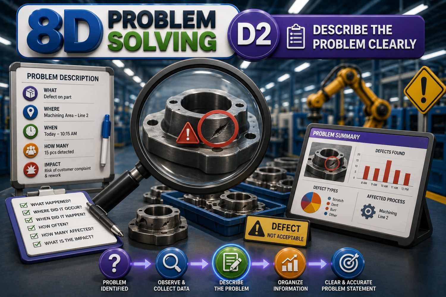 3D infographic illustrating 8D Problem Solving D2 – Describe the Problem Clearly, featuring engineers inspecting defective products, magnifying glass, clipboard, warning symbols, process flow, quality inspection, manufacturing environment, and clear problem definition.