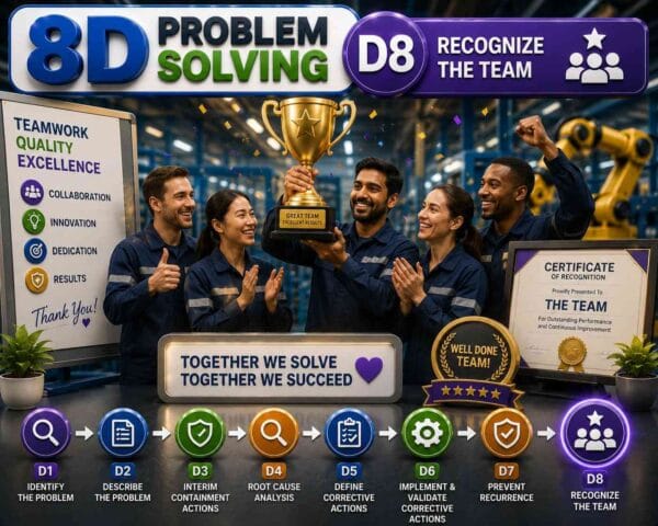 3D infographic illustrating 8D Problem Solving D8 – Recognize the Team, featuring engineers celebrating project success with awards, trophies, certificates, teamwork, factory background, quality excellence, continuous improvement, and employee recognition.