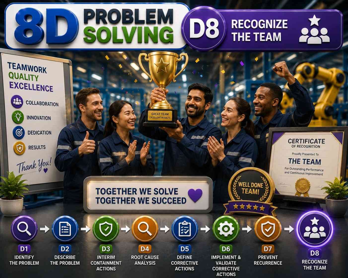 3D infographic illustrating 8D Problem Solving D8 – Recognize the Team, featuring engineers celebrating project success with awards, trophies, certificates, teamwork, factory background, quality excellence, continuous improvement, and employee recognition.