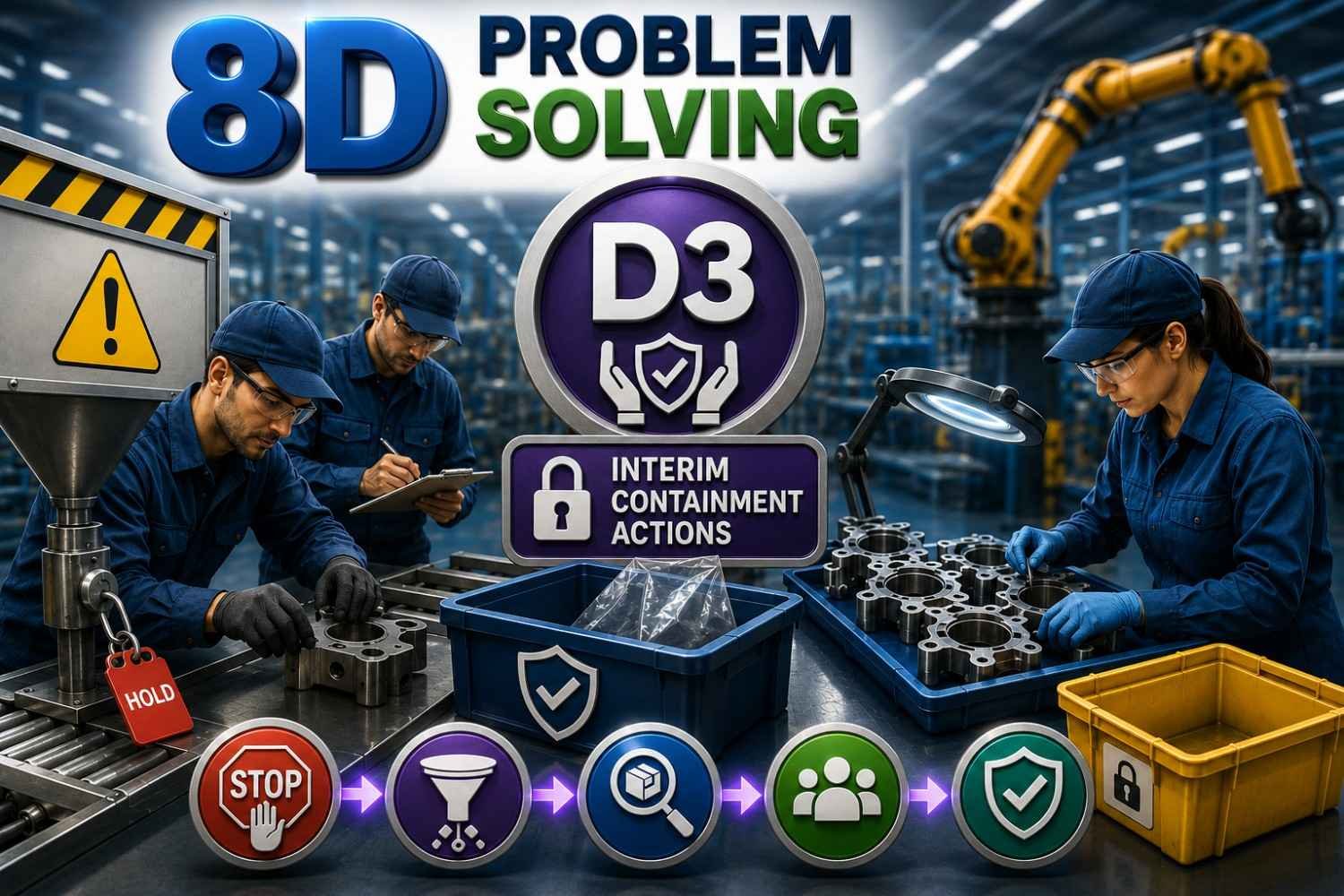 3D infographic illustrating 8D Problem Solving D3 – Interim Containment Actions (ICA), showing quarantine area, blocked defective products, inspection checkpoint, safety barriers, quality engineer, containment actions, manufacturing line, and temporary corrective measures.
