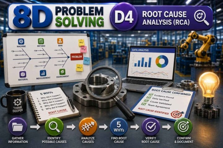3D infographic illustrating 8D Problem Solving D4 – Root Cause Analysis (RCA), featuring engineers investigating process failures using a magnifying glass, fishbone diagram, gears, data charts, process flow, factory equipment, and root cause investigation.