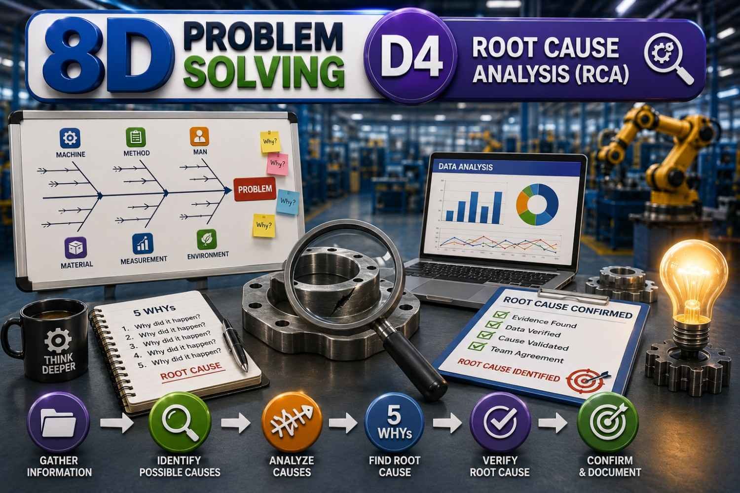 3D infographic illustrating 8D Problem Solving D4 – Root Cause Analysis (RCA), featuring engineers investigating process failures using a magnifying glass, fishbone diagram, gears, data charts, process flow, factory equipment, and root cause investigation.