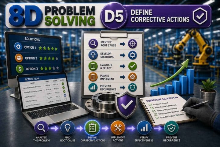 3D infographic illustrating 8D Problem Solving D5 – Define Corrective Actions, showing quality engineers developing action plans, checklists, gears, process improvements, engineering solutions, factory operations, and implementation planning for permanent fixes.