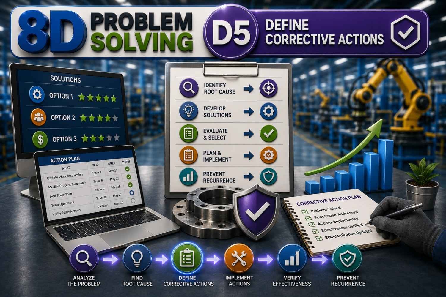 3D infographic illustrating 8D Problem Solving D5 – Define Corrective Actions, showing quality engineers developing action plans, checklists, gears, process improvements, engineering solutions, factory operations, and implementation planning for permanent fixes.