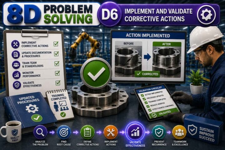 3D infographic illustrating 8D Problem Solving D6 – Implement and Validate Corrective Actions, featuring engineers implementing improvements, verification checklist, approved quality inspection, production line validation, performance charts, and successful corrective action implementation.