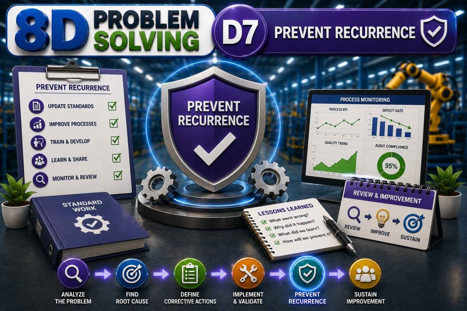 3D infographic illustrating 8D Problem Solving D7 – Prevent Recurrence, showing standardized work procedures, employee training, updated process documents, continuous improvement, quality management system, factory environment, and prevention of future defects.