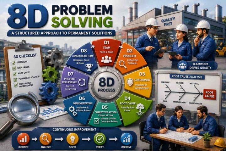 8D Problem Solving methodology infographic showing D1 to D8 steps including team formation, problem definition, root cause analysis, corrective actions, implementation, prevention, and team recognition in Lean Six Sigma and Quality Management.