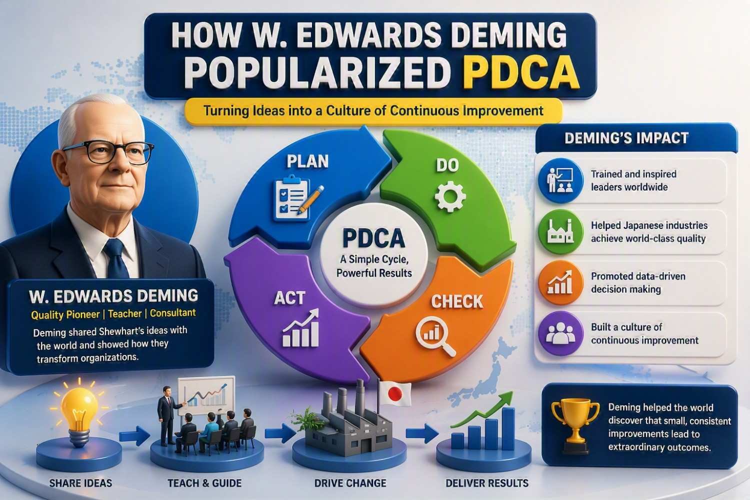 W. Edwards Deming contribution to the PDCA Cycle infographic showing how Deming popularized the Plan-Do-Check-Act methodology and transformed it into a global framework for continuous improvement, quality management, and operational excellence. The visual includes the PDCA cycle, quality improvement concepts, leadership development, data-driven decision-making, and organizational transformation.