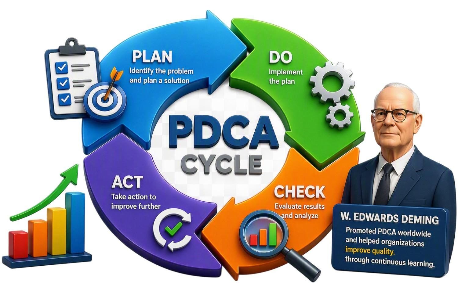 PDCA Cycle (Plan-Do-Check-Act) infographic showing the four stages of continuous improvement: Plan, Do, Check, and Act. The visual includes a circular improvement cycle with arrows, quality management icons, performance charts, and a historical reference to W. Edwards Deming, illustrating how organizations improve quality, solve problems, and reduce defects through continuous improvement.