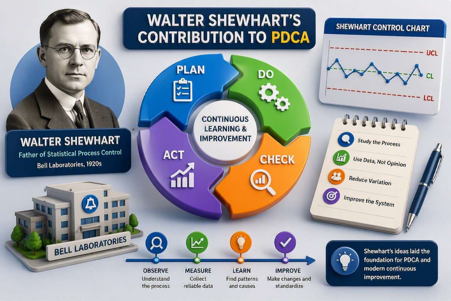 Walter Shewhart contribution to PDCA Cycle infographic showing the origins of the Plan-Do-Check-Act continuous improvement model. The image includes a PDCA cycle diagram, Shewhart control chart, statistical process control concepts, continuous learning framework, and the role of Walter Shewhart in establishing modern quality improvement and process management principles.