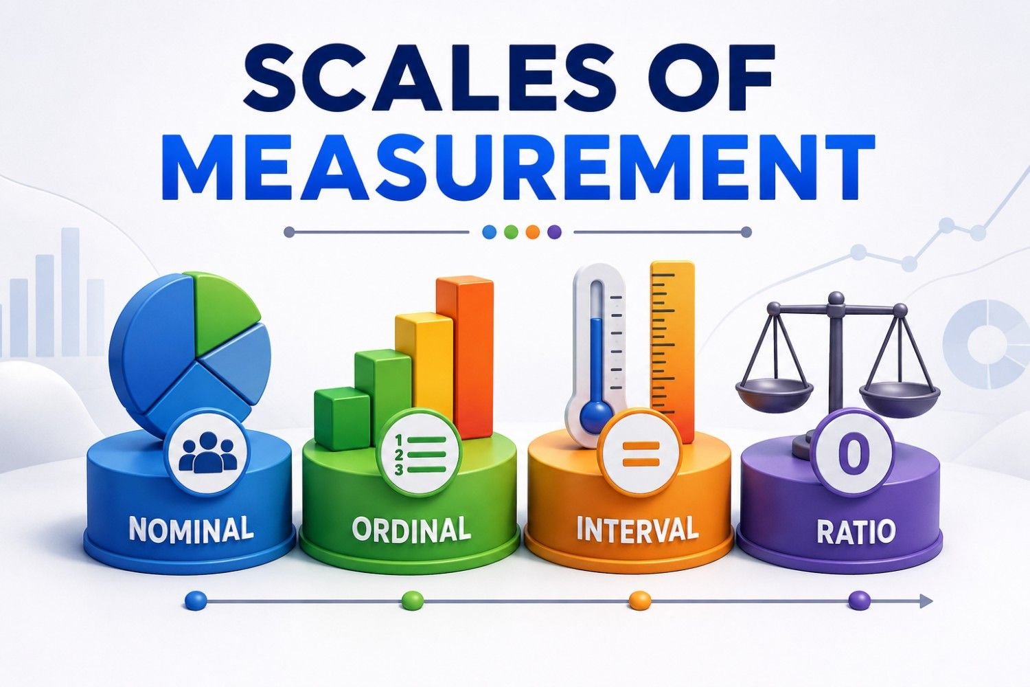 Scales of Measurement infographic illustrating the four levels of data measurement used in statistics: Nominal, Ordinal, Interval, and Ratio. The visual uses icons and examples to represent categorical data (Nominal), ranked data (Ordinal), equal intervals without a true zero (Interval), and quantitative data with a meaningful zero point (Ratio). It highlights the progression from basic classification to advanced numerical measurement, helping learners understand statistical data types and analysis methods.
