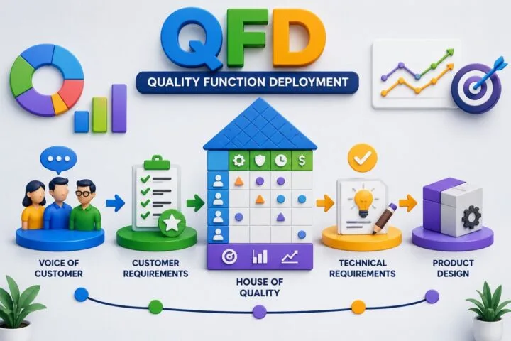 Quality Function Deployment QFD infographic showing Voice of Customer, House of Quality, technical requirements, and product design process