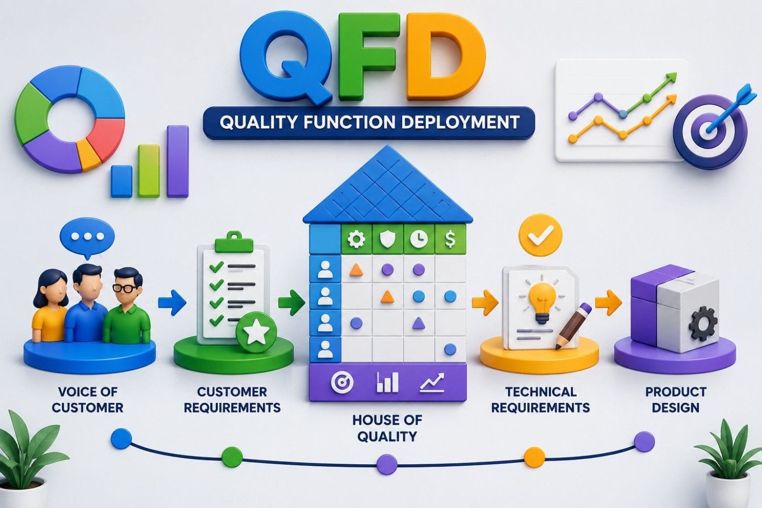 Quality Function Deployment (QFD) and House of Quality Quality Function Deployment QFD infographic showing Voice of Customer, House of Quality, technical requirements, and product design process