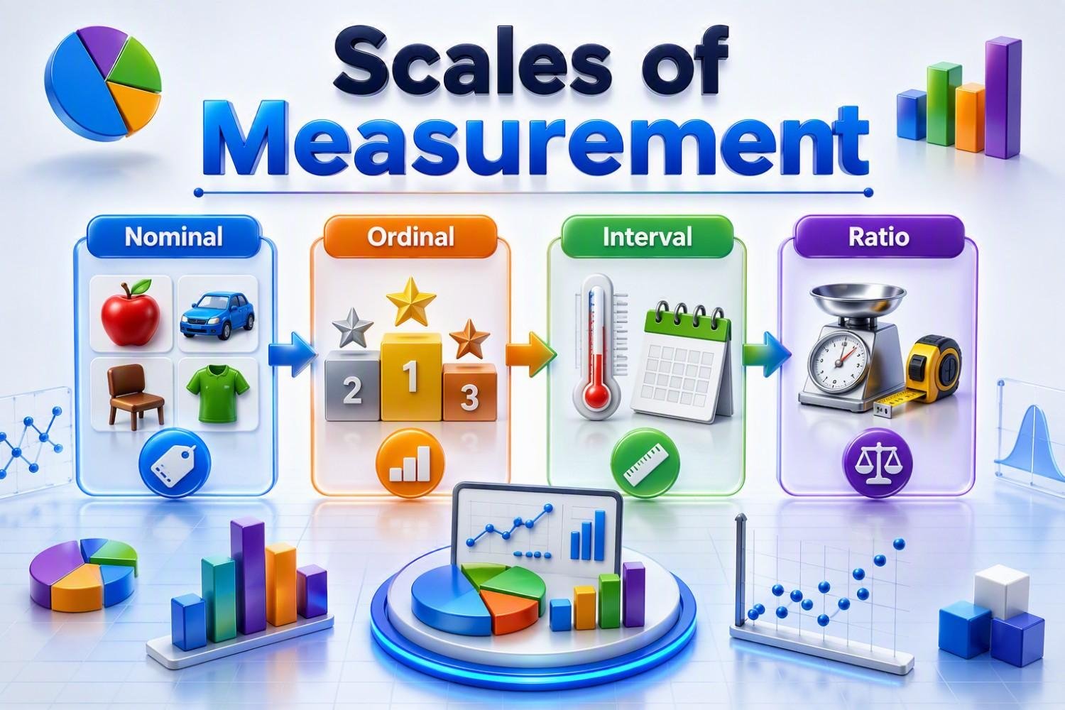 Scales of Measurement (Nominal, Ordinal, Interval & Ratio) in Statistics Scales of Measurement in Statistics infographic showing Nominal, Ordinal, Interval and Ratio scales with visual examples