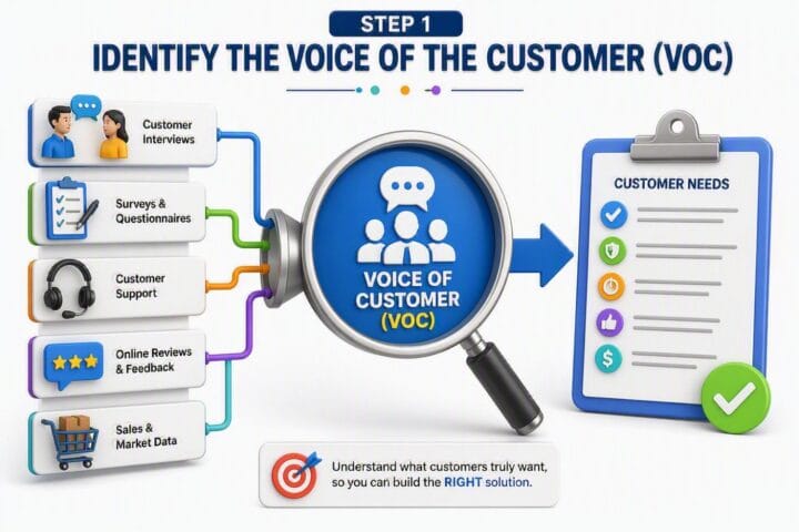 Voice of Customer (VOC) process showing customer interviews, surveys, support feedback, online reviews and market data used to identify customer needs and critical quality requirements in Six Sigma