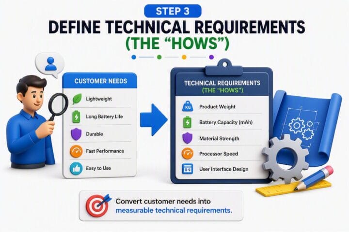 Quality Function Deployment (QFD) step showing conversion of customer requirements into measurable technical requirements by defining engineering characteristics and design specifications