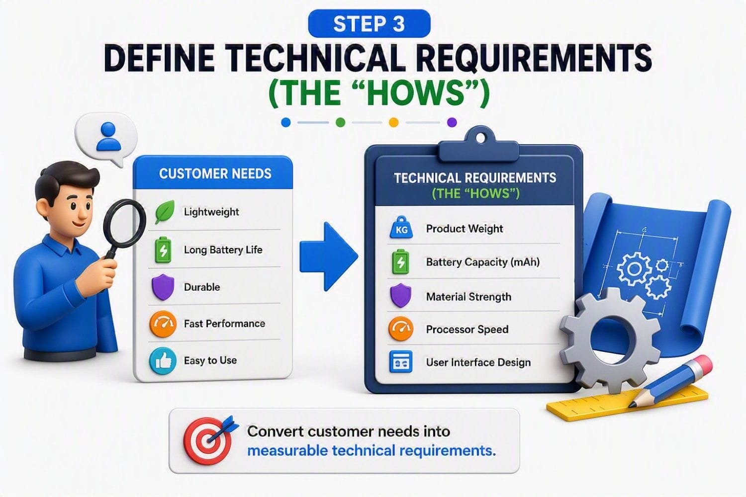 Quality Function Deployment (QFD) and House of Quality Quality Function Deployment (QFD) step showing conversion of customer requirements into measurable technical requirements by defining engineering characteristics and design specifications