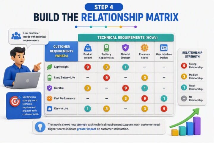 Quality Function Deployment (QFD) relationship matrix showing how customer requirements are linked to technical requirements using strong, medium and weak relationship scores in the House of Quality