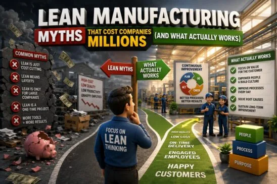 Lean Manufacturing myths infographic showing common misconceptions, hidden business costs, continuous improvement, value-focused processes, waste reduction, and customer-focused results.