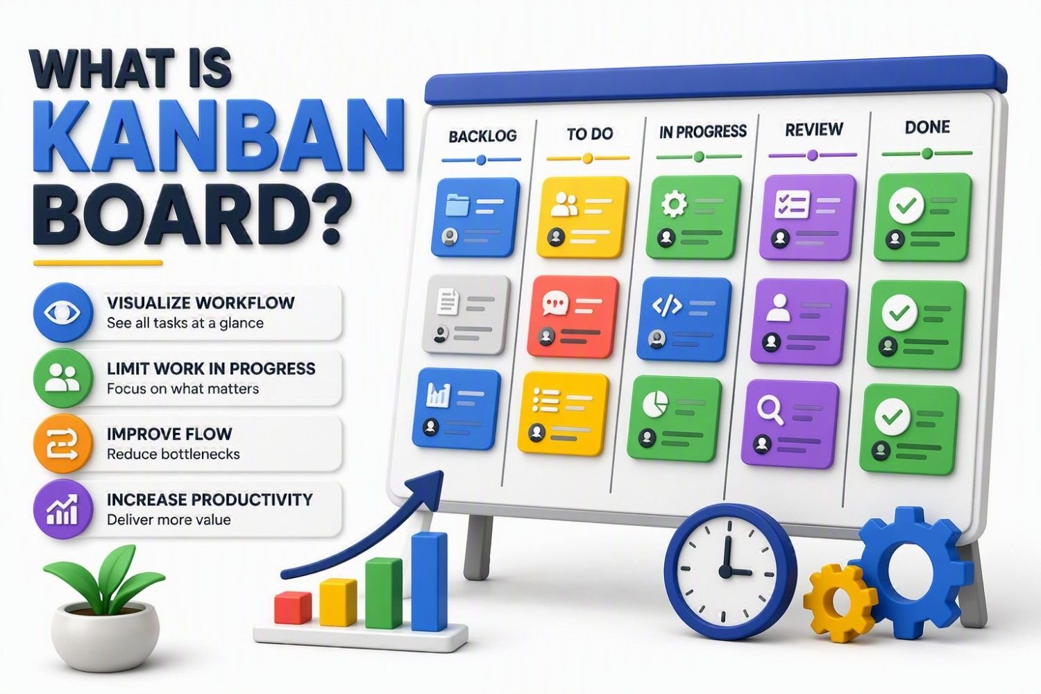 Kanban Explained: Create a Board That Boosts Productivity Kanban Board infographic explaining a visual workflow management system used in Lean, Agile, and project management. The visual shows a Kanban board with columns for Backlog, To Do, In Progress, Review, and Done, where tasks move through different stages of completion. It highlights key Kanban principles including visualizing workflow, limiting work in progress (WIP), improving process flow, reducing bottlenecks, and increasing productivity. The infographic demonstrates how Kanban helps teams manage tasks efficiently, improve collaboration, monitor progress, and deliver value faster.