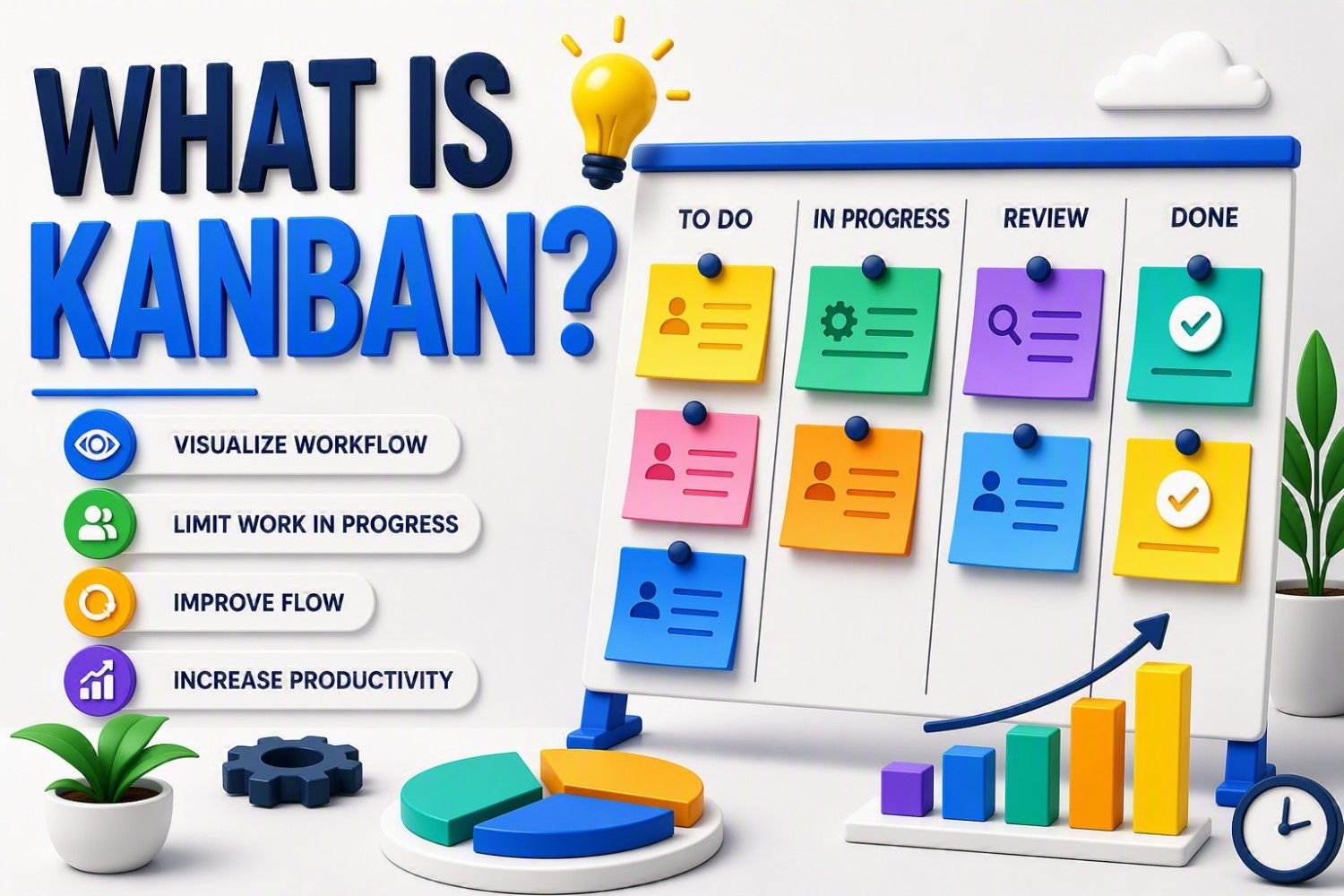 Kanban Explained: Create a Board That Boosts Productivity Kanban board framework showing workflow visualization, work in progress limits, task management and continuous improvement in Agile project management