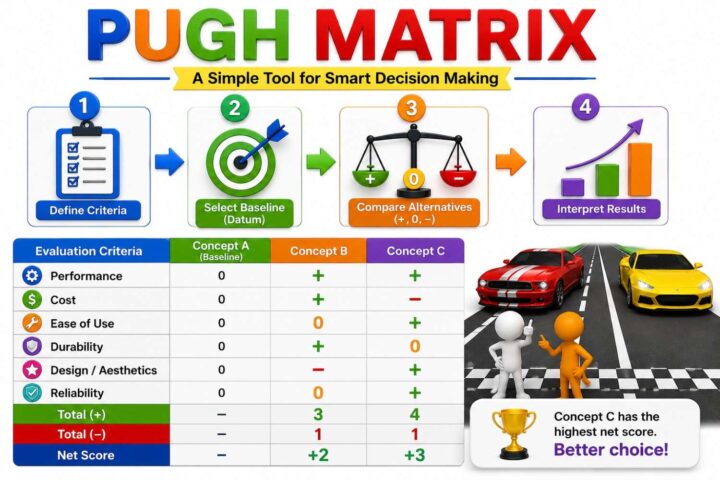 Pugh Matrix example showing concept comparison, evaluation criteria, scoring method and decision making process for selecting the best design alternative