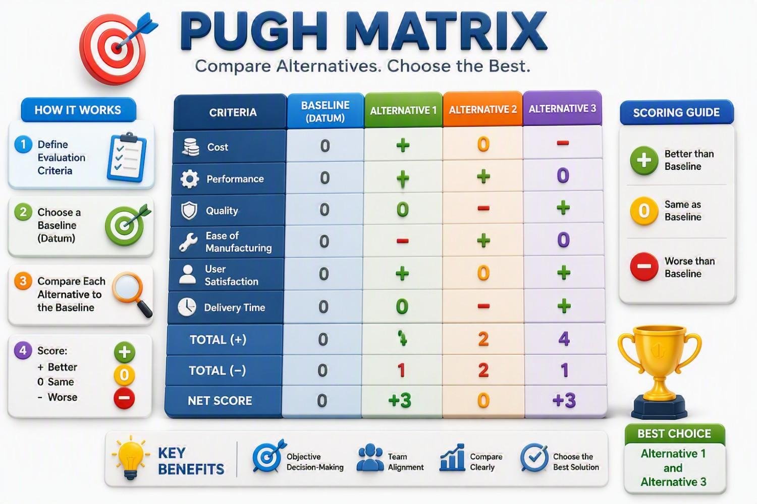 Pugh Matrix Explained: Select the Best Design Concept Pugh Matrix infographic demonstrating a structured decision-making tool used to compare multiple alternatives against a baseline (datum). The visual shows evaluation criteria such as cost, performance, quality, ease of manufacturing, user satisfaction, and delivery time. Each alternative is scored as better (+), same (0), or worse (-) than the baseline, with total positive, negative, and net scores used to identify the best option. The infographic highlights the benefits of the Pugh Matrix, including objective decision-making, team alignment, clear comparison of alternatives, and selecting the most effective solution.