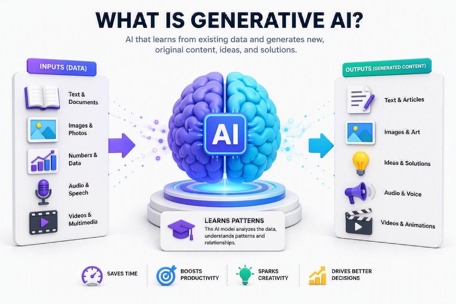 Can Generative AI Replace Lean Six Sigma in the Future? The Truth Generative AI infographic explaining how artificial intelligence learns from data inputs such as text documents, images, numbers, audio, and videos to create new content. The visual illustrates AI analyzing patterns and relationships to generate outputs including articles, images, ideas, voice content, and videos while improving productivity, creativity, decisionโmaking, and efficiency.