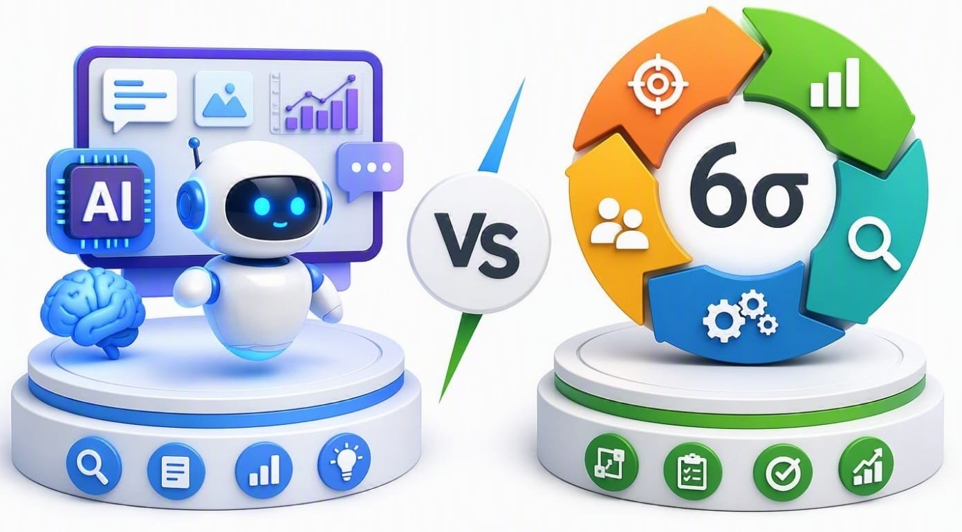 Can Generative AI Replace Lean Six Sigma in the Future? The Truth AI vs Lean Six Sigma comparison illustration showing artificial intelligence capabilities such as data analysis, pattern recognition, automation, reporting, and machine learning alongside Lean Six Sigmaโs structured approach to process improvement, quality management, problem solving, performance measurement, and operational excellence. The visual highlights the relationship between AI-driven insights and Lean Six Sigma methodologies for improving business processes and organizational performance.