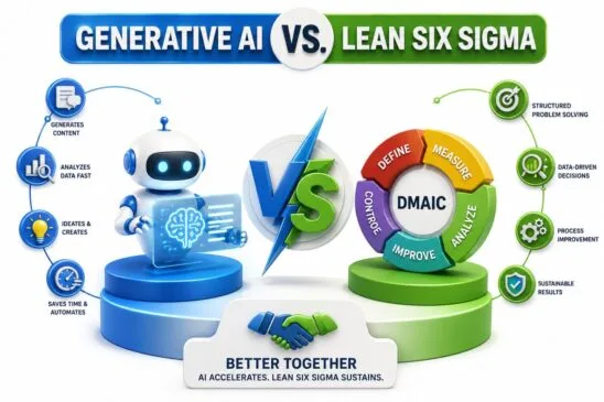 Generative AI vs Lean Six Sigma infographic comparing AI automation and analytics with Lean Six Sigma DMAIC problem solving