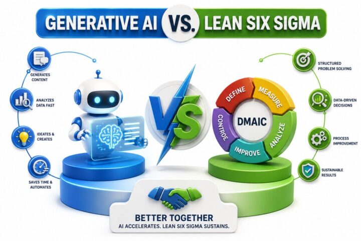 Generative AI vs Lean Six Sigma infographic comparing AI automation and analytics with Lean Six Sigma DMAIC problem solving