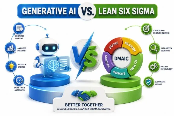 Generative AI vs Lean Six Sigma infographic comparing AI automation and analytics with Lean Six Sigma DMAIC problem solving