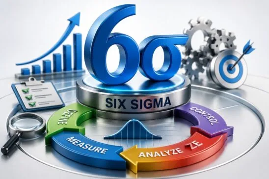 Six Sigma infographic showing DMAIC phases, process improvement, data-driven decisions, defect reduction, quality improvement, and business performance results.