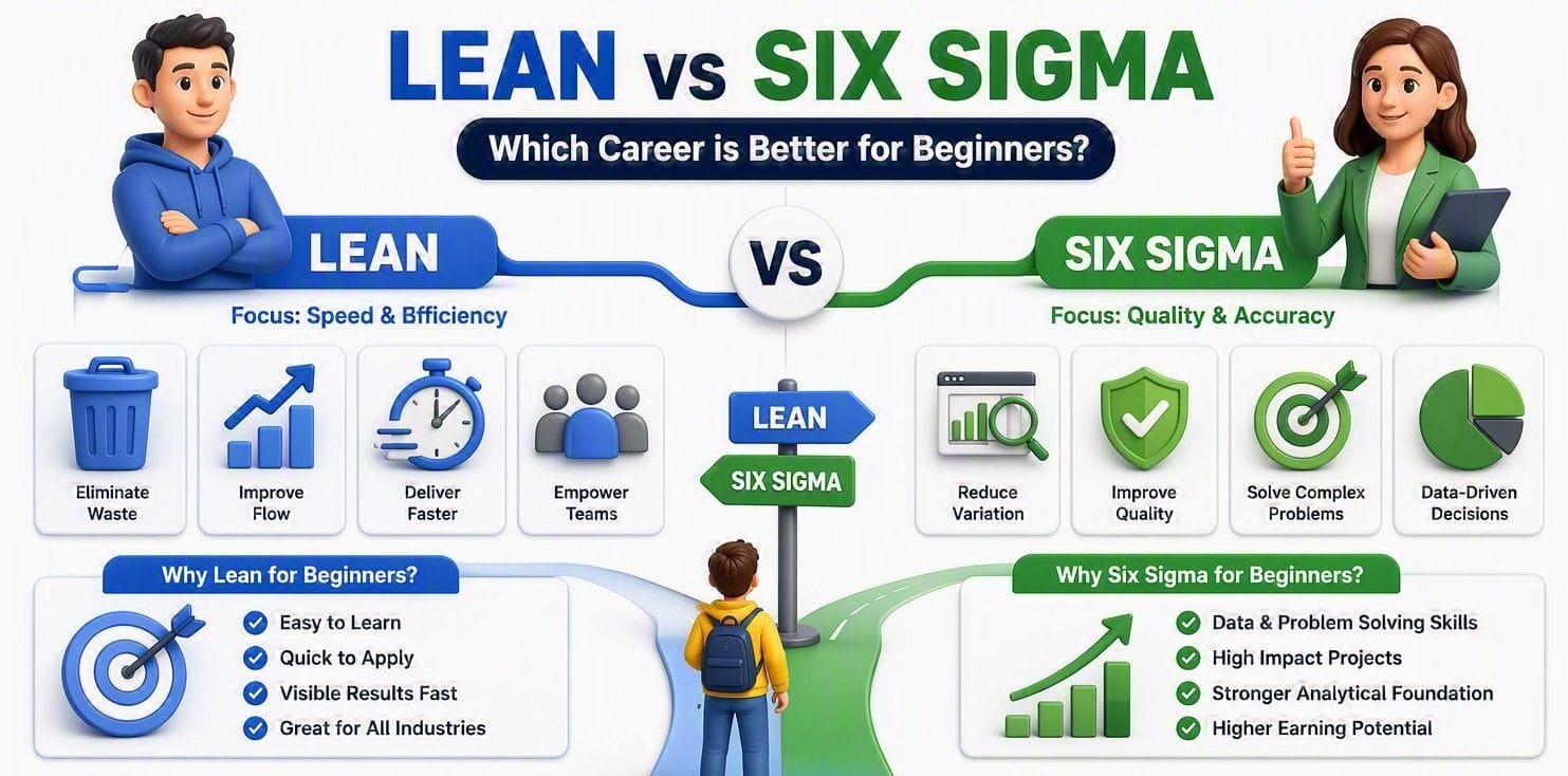 Lean vs Six Sigma comparison infographic for beginners, highlighting Lean’s focus on speed, efficiency, waste elimination, process flow improvement, and faster delivery versus Six Sigma’s focus on quality, variation reduction, data-driven decision making, problem solving, and process accuracy. The visual explains key benefits, learning paths, and career advantages of both methodologies for professionals starting in process improvement and operational excellence.
