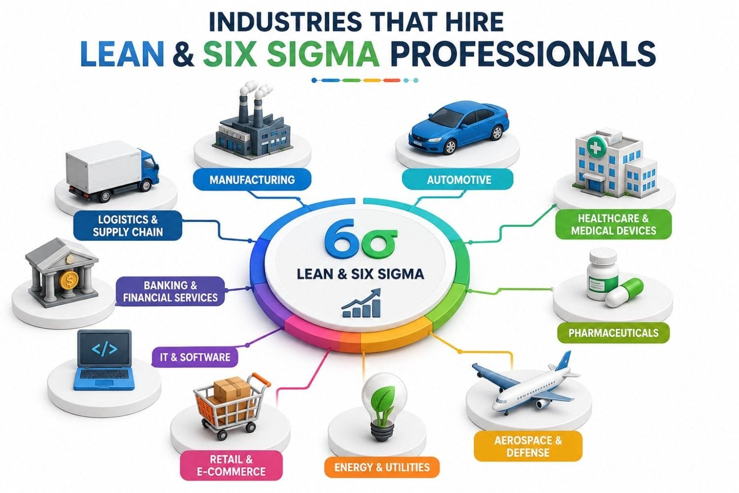 Industries that hire Lean Six Sigma professionals infographic showing career opportunities across manufacturing, automotive, healthcare and medical devices, pharmaceuticals, aerospace and defense, energy and utilities, retail and e‑commerce, IT and software, banking and financial services, and logistics and supply chain. The visual highlights the broad demand for Lean Six Sigma skills in process improvement, quality management, operational excellence, and business transformation roles.