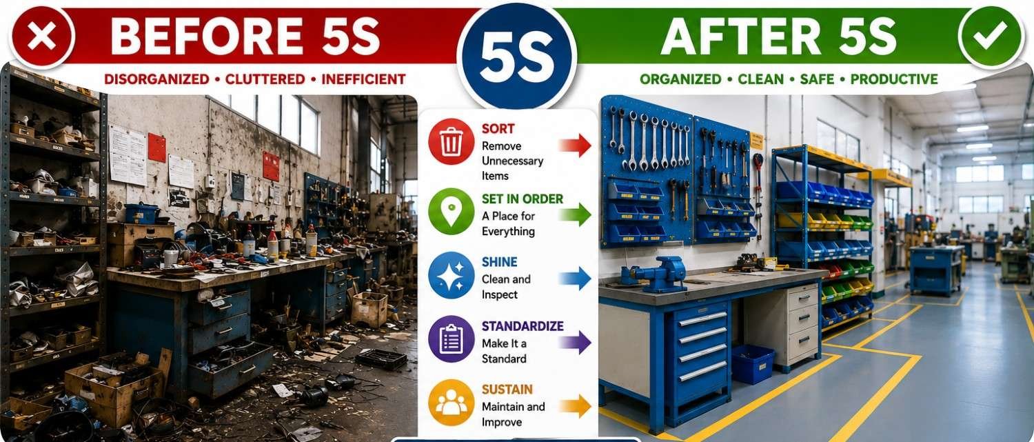 5S workplace transformation showing disorganized work area before 5S and organized workstation after 5S implementation