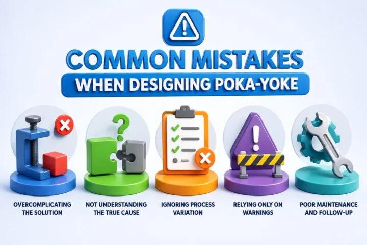 Common mistakes when designing Poka‑Yoke systems infographic highlighting five error‑proofing pitfalls: overcomplicating the solution, failing to identify the true root cause, ignoring process variation, relying only on warning systems instead of prevention, and poor maintenance or follow‑up of mistake‑proofing controls.