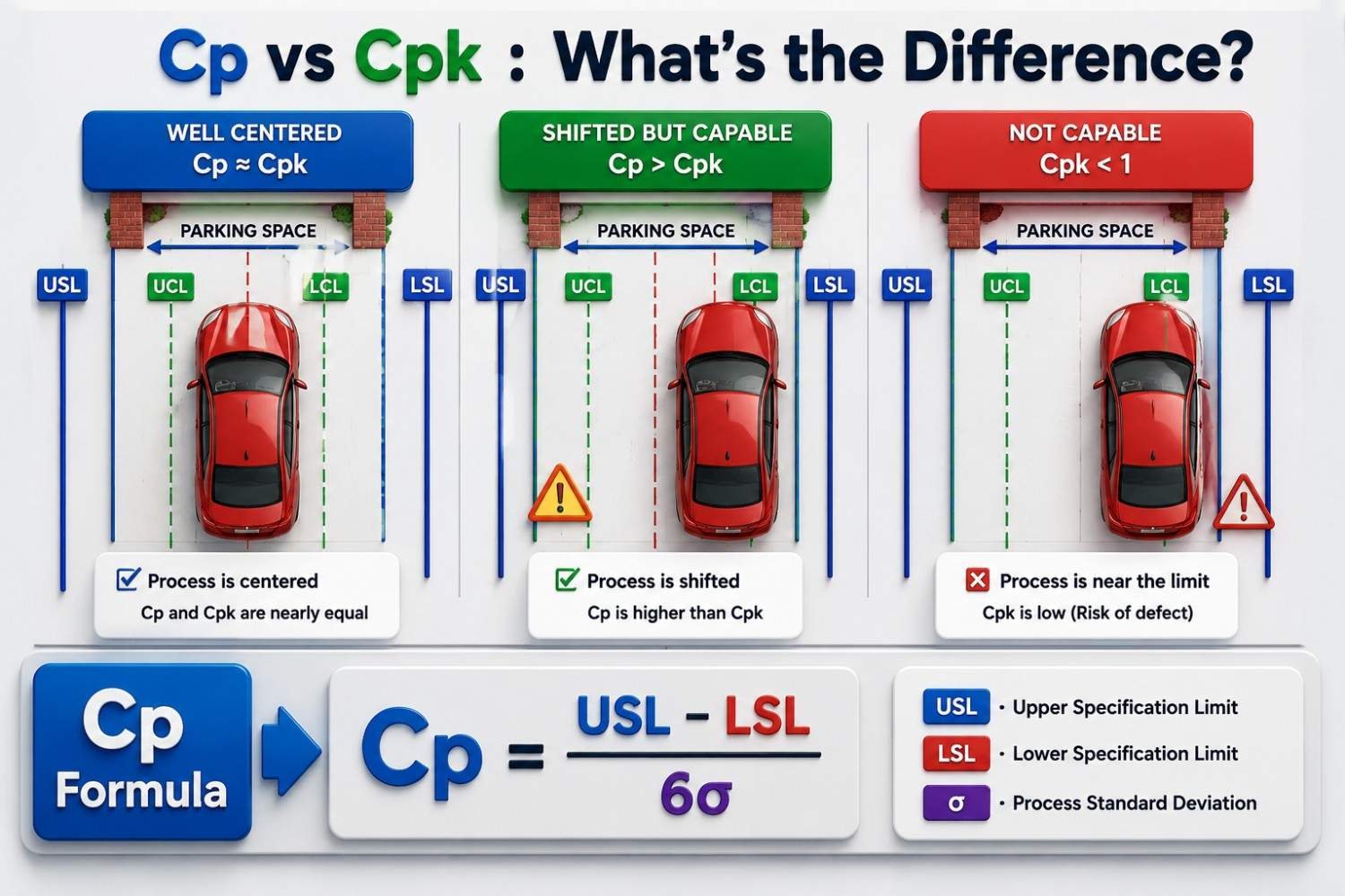 Cp vs Cpk comparison illustrating process capability, process centering, specification limits and defect risk using a parking space analogy